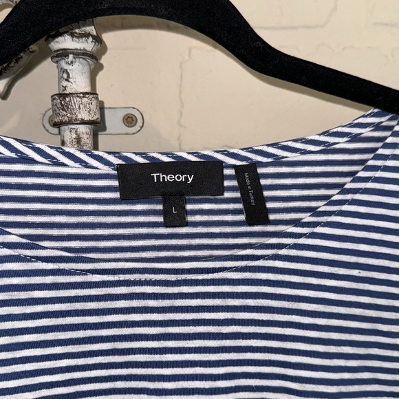 Theory dress Front Twist Blue Multi Striped Short Sleeve T-Shirt nautical Large - Picture 6 of 7